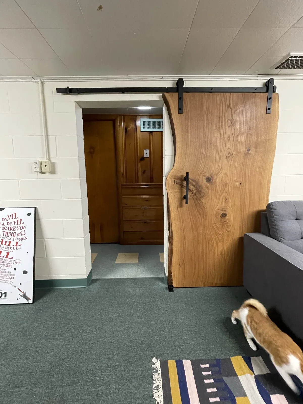 Live-edge sliding barn door mounted on a track